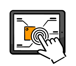 A hand tapping on the screen of a tablet containing interactive elements