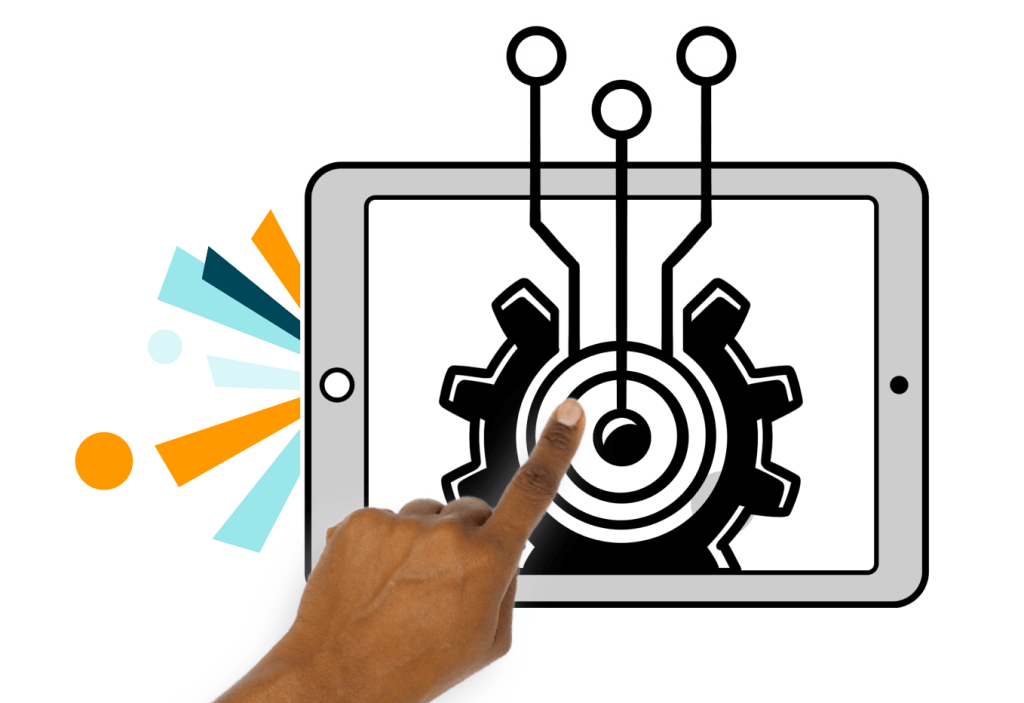 Eine Hand klickt auf einen Tablet-Bildschirm mit einem Zahnrad, das technische Innovation symbolisiert